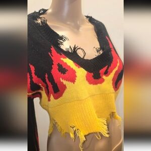 Distressed Flame Knit Crop Oversized Sweater - Black, Red & Yellow - SMALL